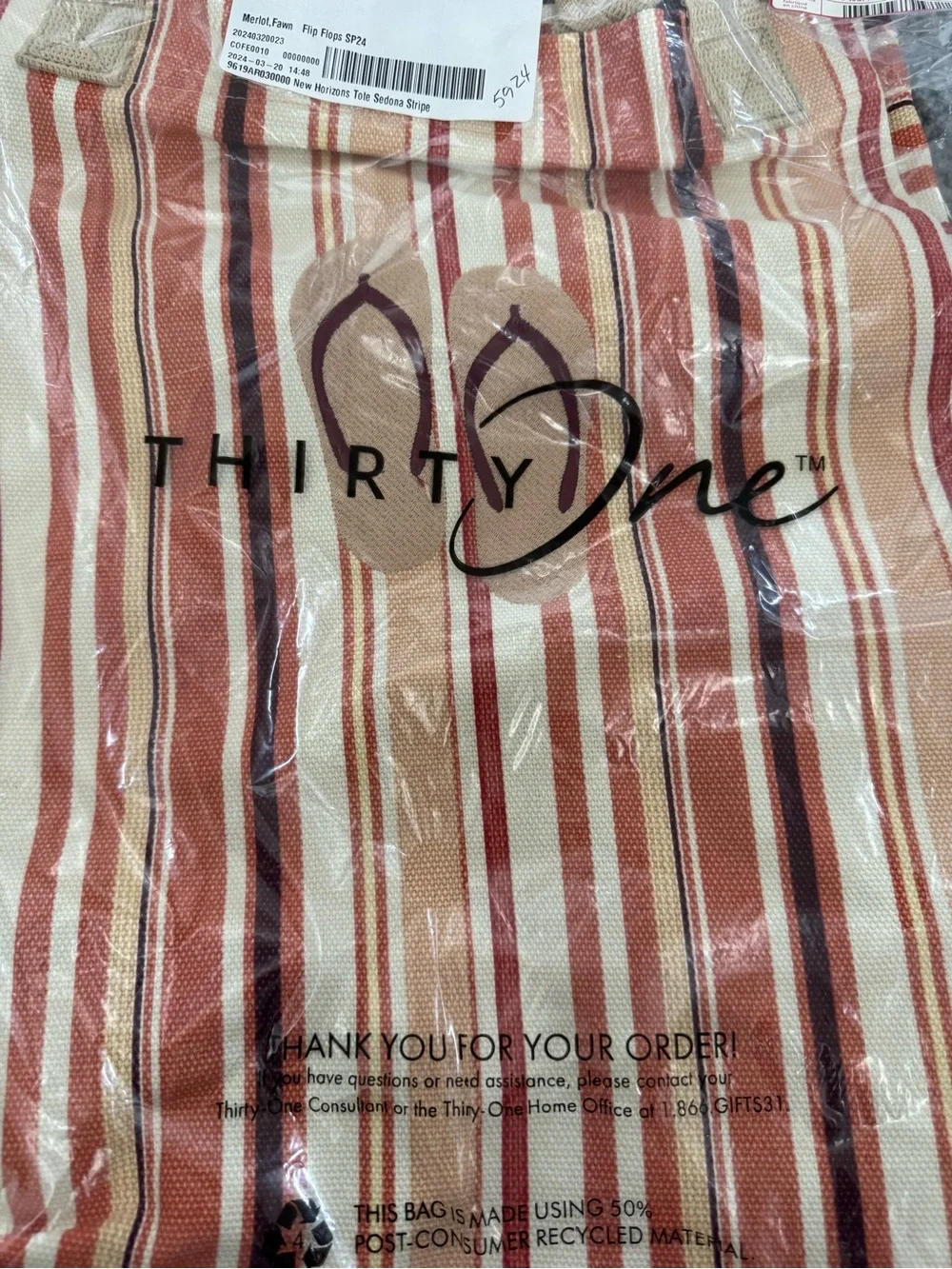 Brand NEW thirty-one new horizons tote in Sedona Stripe. Flip-flop embroidery.